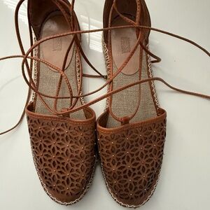 Anthropologie ankle wrap, rose cut leather espadrilles